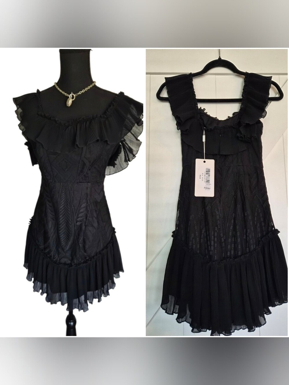 Saints + Secrets Black Ruffle-Trim Mini Dress with Pleated Details NWTs- Size Xs